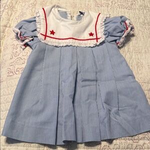 Good Lad Blue and White Striped Pinafore Dress with Red Trim